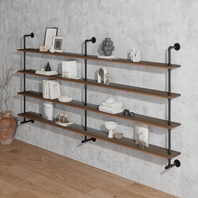 Industrial Pipe Wall Shelves With Real Wood Plank, 70 Inches Floating Shelves for Wall, 4 Tier Farmhouse Book Shelves, Dark Brown for Kitchen, Living Room Decor and Bar-Ruum Studio Home