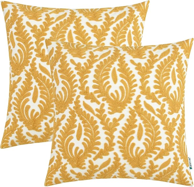 HWY 50 Mustard Yellow Decorative Throw Pillow Covers 18x18 Inch, Pack of 2 Embroidered Cotton Farmhouse Cushion Cover Pillow Case for Sofa Couch Living Room Bed Bedroon, Accent Branches-Ruum Studio Home