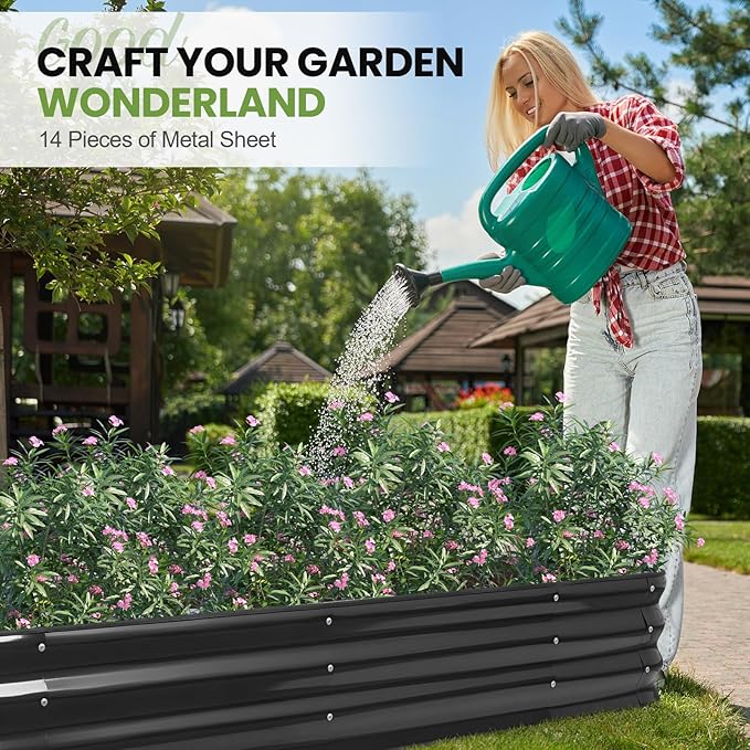 5-in-1 Adjustable Raised Garden Bed Kit | Galvanized Planter Boxes for Vegetables, Flowers | 12" Tall, Multiple Sizes (8x3x1ft, 9x2x1ft, 10x1x1ft, 6x5x1ft, 7x4x1ft) | Outdoor Metal Raised Bed, Grey-Ruum Studio Home