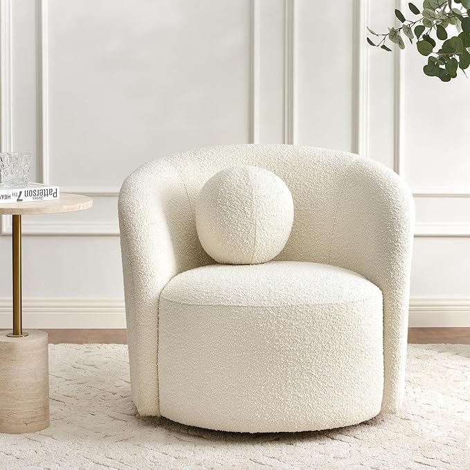 KINWELL Sherpa Swivel Barrel Chair & Round Ball Pillow Set - 34" Wide Modern Boucle Accent Chair with 9” Matching Nordic Decorative Throw Pillow for Living Room and Bedroom(Cream)-Ruum Studio Home