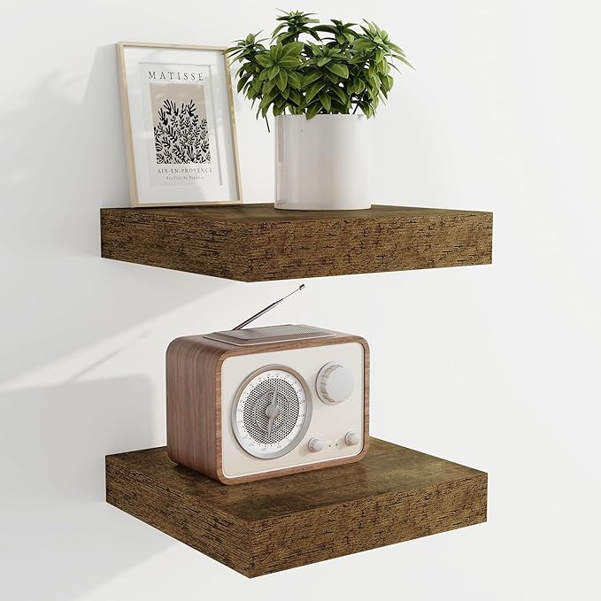 Marsmiles 6.7" Floating Shelves for Wall, Wooden Shelves with Invisible Brackets Set of 2, Rustic Farmhouse Wall Mounted Shelf for Kitchen Bathroom Living Room Study, Rustic Brown-Ruum Studio Home