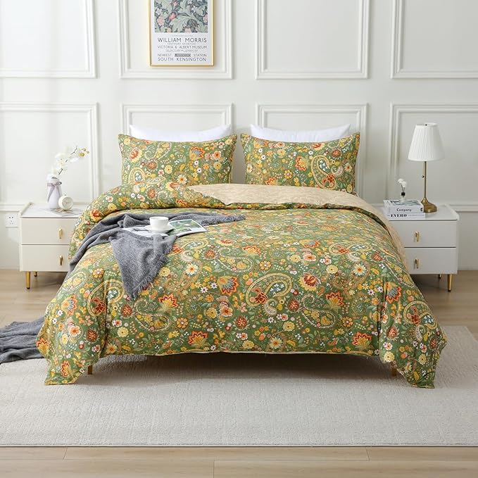 ABREEZE Paisley Bedding Sets 3Pcs Brushed Cotton Duvet Cover Set Queen Size Rustic Damask Green Floral Comforter Cover with Zipper Closure Boho Bedding Collections-Ruum Studio Home