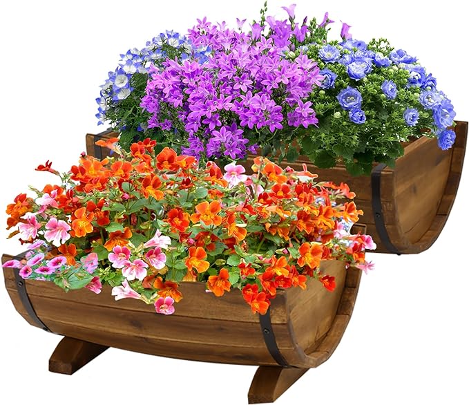 IDZO Solid Acacia Wood Half Barrel Planters Outdoor Set of 2 Different Sizes, Wooden Planters for Outdoor Plants with Metal Bands & Drainage Holes, Legs Included, Brown-Ruum Studio Home