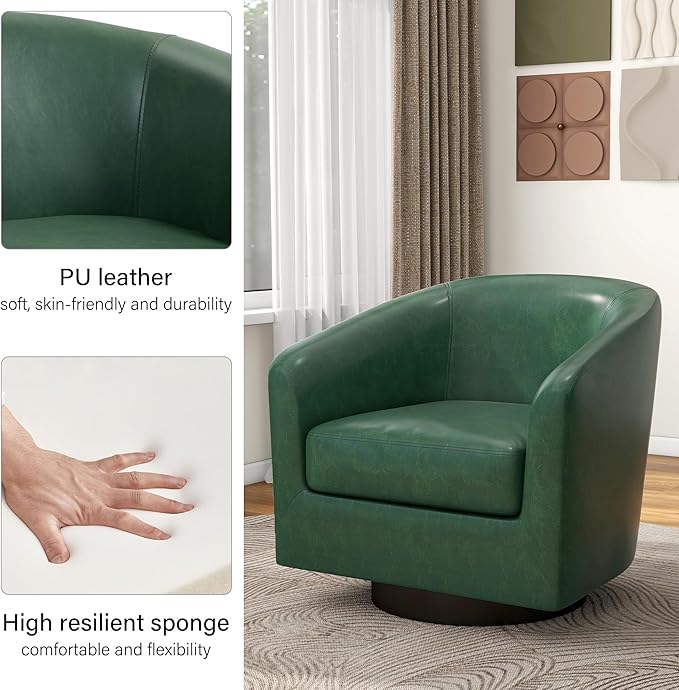 Swivel Barrel Accent Chair, Modern Round Faux Leather Arm Chair for Living Room, Bedroom, Comfy Club Reading Chairs for Adults(Faux Leather, Green, Set of 1)-Ruum Studio Home