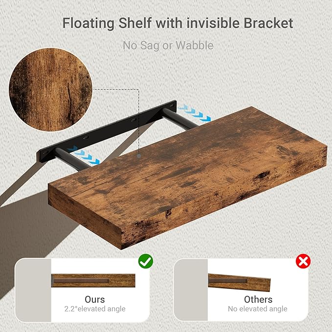 Floating Shelves for Wall, 16 inchs x 6.7” deep x 1.4” Bathroom Shelf Bedroom, Living Room, Kitchen, Farmhouse Decor, Rustic Wood Wall Shelves with Invisible Brackets - Set of 2, Rustic Brown-Ruum Studio Home