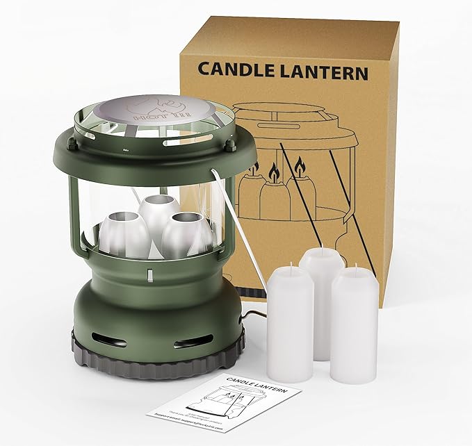 3-Wick Emergency Candle Lantern for Power Outages [18H+ Burning Time] Vintage Decorative Candle Lantern for Real Candles, Outdoor Portable Camping Survival Lighting [7.1"*5.7" - Forest Green]-Ruum Studio Home