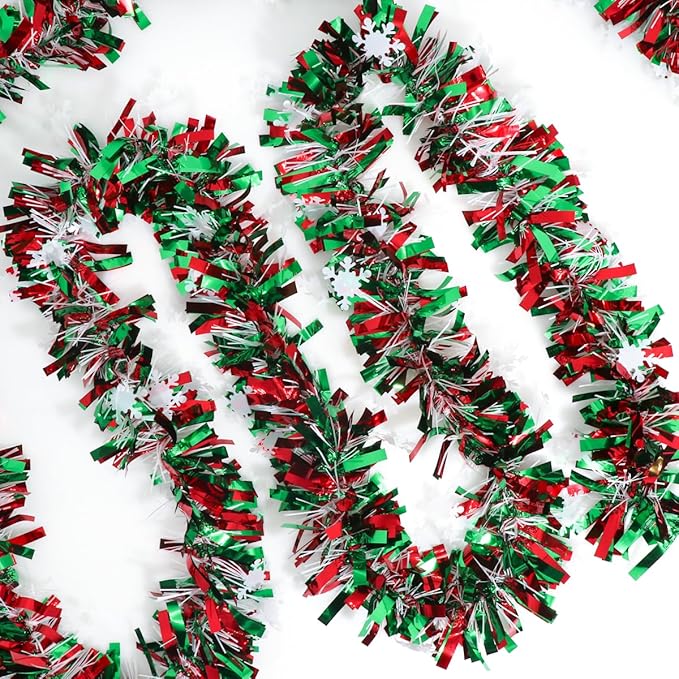 50 Feet Green Red Christmas Metallic Tinsel Twist Hanging Garland with Snowflake for Home Mantle Xmas Tree Staircase Railing New Year Holiday Party Indoor Outdoor Decorations（2 Pcs）-Ruum Studio Home