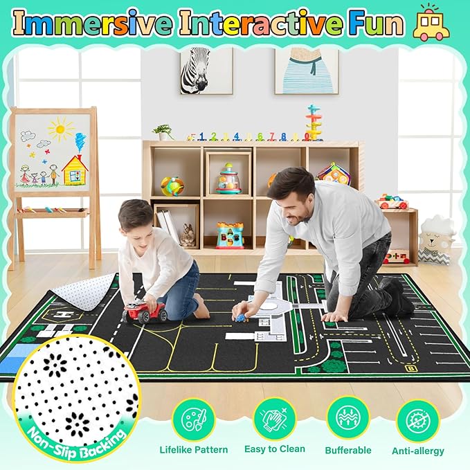 Kids Rug, Road Carpet for Kids with Combined City Road Traffic System, Car Rug and Airport Play Mat, 5x7 Ft Children’s Play Rugs for Playroom, Children’s City Traffic Map Fun Car Mat,Non-Slip-Ruum Studio Home
