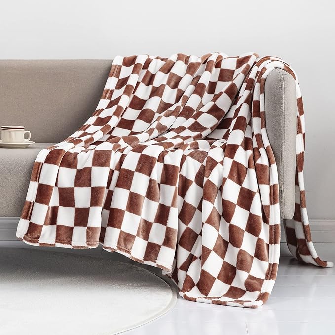 LOMAO Throw Blankets Flannel Blanket with Checkerboard Grid Pattern Soft Throw Blanket for Couch, Bed, Sofa Luxurious Warm and Cozy for All Seasons (Coffee, 50"x60")-Ruum Studio Home