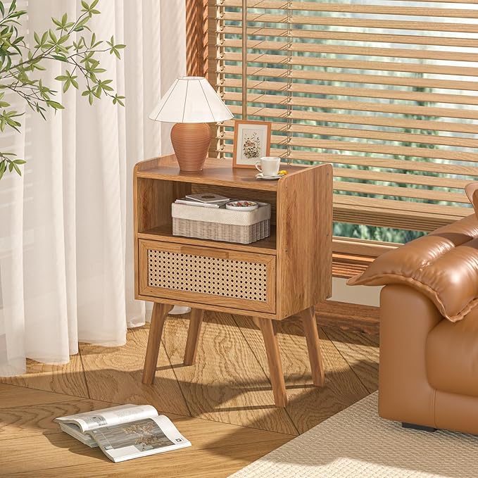 Lerliuo Rattan Nightstand, Side Table with Drawer Open Shelf, Cane Accent Bedside End Table with Solid Wood Legs, Mid Century Modern Night Stand for Bedroom, Dorm and Small Spaces (Tea Brown)-Ruum Studio Home
