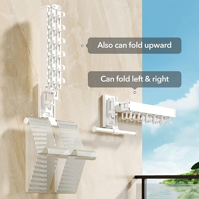 Wall Mounted Clothes Hanger Rack, Clothes Drying Rack,Laundry Drying Rack,Collapsible Clothes Rack Wall Mount, Retractable Drying Rack Clothing,can Fold Upward & Left & Right,White Color-Ruum Studio Home