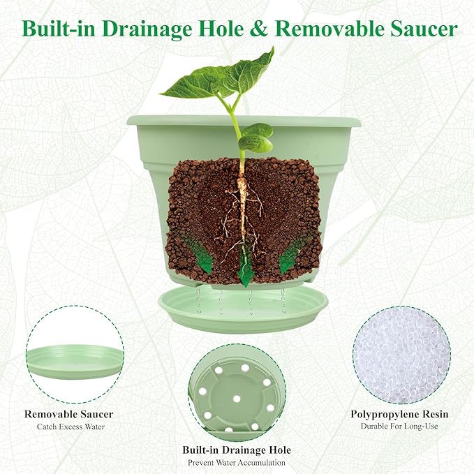 13 Inch Plastic-Flower-Pot-for-Indoor-Plants, 4 Pack Large Outdoor Planter Pot with Drainage Holes & Saucers, Resin Decorative Garden Pots Planters-Ruum Studio Home