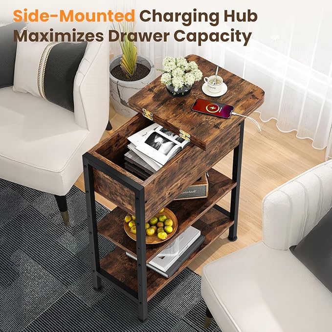 End Table with Charging Station, Flip Top Side Table with USB Ports and Outlets, 3-Tier Small Side Table with Storage for Small Space, End Tables for Living Room/Bedroom, Brown-Ruum Studio Home