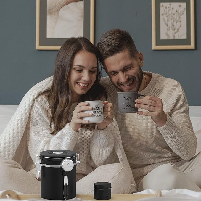 Coffee canister set for ground coffee with Date Tracker,Co2 Valve,Travel jar,Stainless Steel Kitchen Food Airtight storage container for Coffee Beans or Grounds,Tea,Sugar (16oz-Black)-Ruum Studio Home