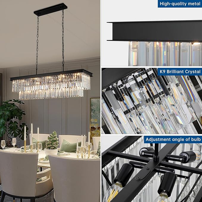 Crystal Chandeliers for Dining Room Light Fixtures Over Table，15-Lights Black Modern Rectangle Chandeliers for Kitchen Island Bar L40 Inch-Ruum Studio Home