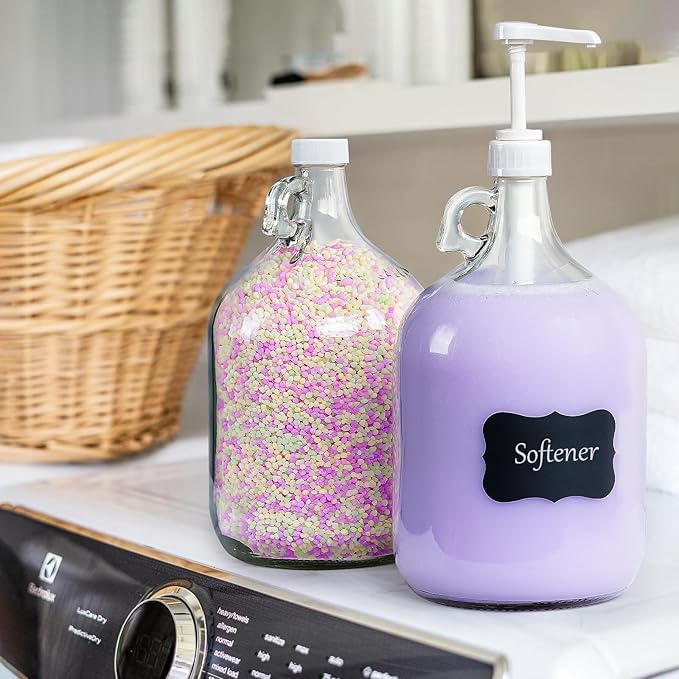 2 Pack Gallon Glass Pump Bottle Dispensers with 3 Pumps and 2 Airtight Lids, Laundry Soap Dispensers with 1 Funnel, Liquid Laundry Detergent Dispensers for Fabric Softener, Shampoo, Body Wash-Ruum Studio Home