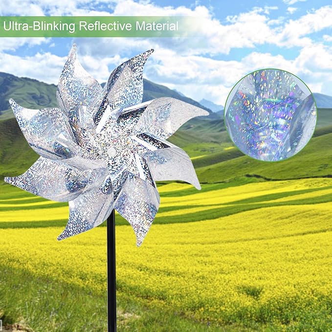 Hausse 10 Pack Reflective Pinwheels with Stakes (Assembly Required), Extra Sparkly Pin Wheel for Garden Decor, Bird Repellent Devices Deterrent to Scare Birds Away from Yard Patio Farm-Ruum Studio Home