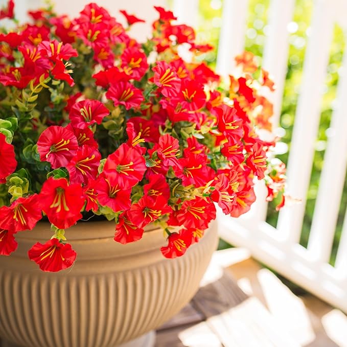 Artificial Flowers for Outdoors Fake Plants Outside Decoration, 12 Bundles Silk Red Morning Glory UV Resistant Look Real Faux Flowers for Planter Front Door Porch Patio Yard Gardens Balcony-Ruum Studio Home