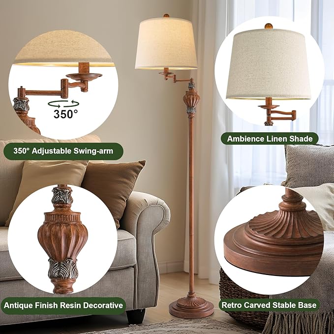 61" Vintage Floor Lamp with 350° Adjustable Swing Arm, Standing Lamp for Bedroom Living Room Bedside Tall lamp Nightstand Retro Farmhouse Mid Century Lamp Light Home Décor Office Gifts-Ruum Studio Home
