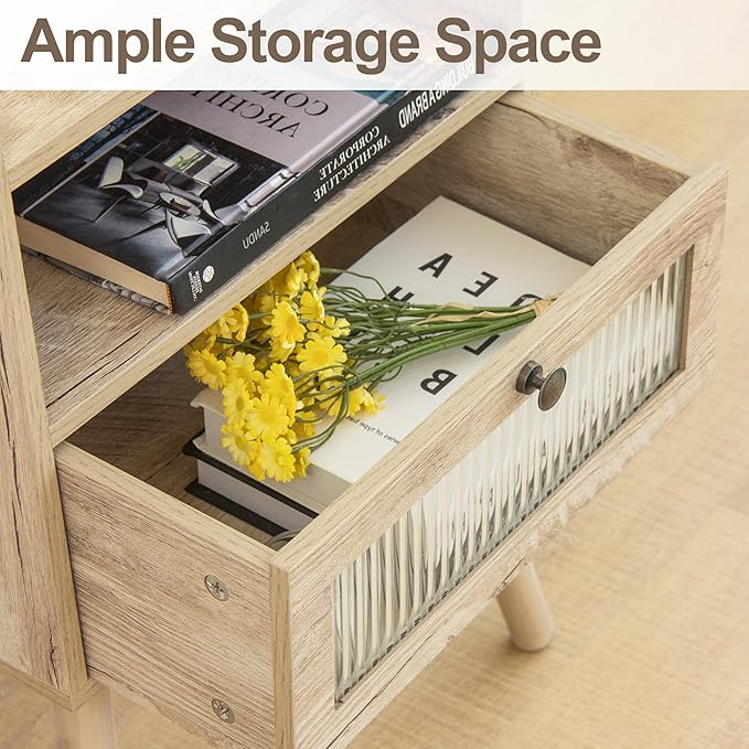 AWASEN Nightstand with Charging Station, Modern Bedside Table with Glass Decorative Drawer, Charging Night Stand Side Tables for Bedroom and Small Space, Rustic White Oak-Ruum Studio Home