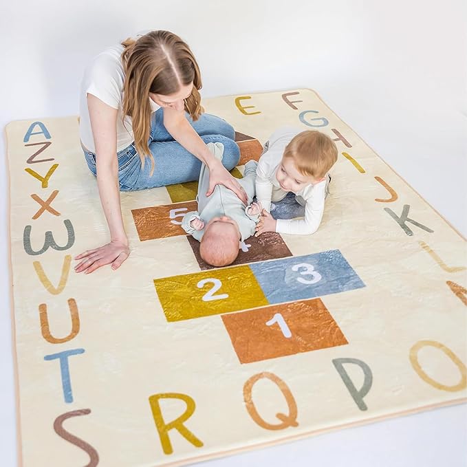 Washable Hopscotch Rug for Kids | Educational ABC & Numbers Carpet for Toddler Playroom or Classroom | 4.6' x 6.5' Non-Slip Play Mat | Neutral Decor-Ruum Studio Home