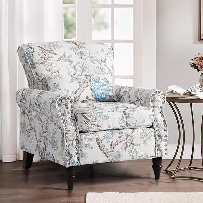 Wingback Accent Chair with Removable Pillow, High Back Floral Armchair with Solid Wood Legs & Nailhead Trim, Comfy Upholstered Reading Single Sofa Chair for Bedroom (1, Bird Floral Pattern)-Ruum Studio Home