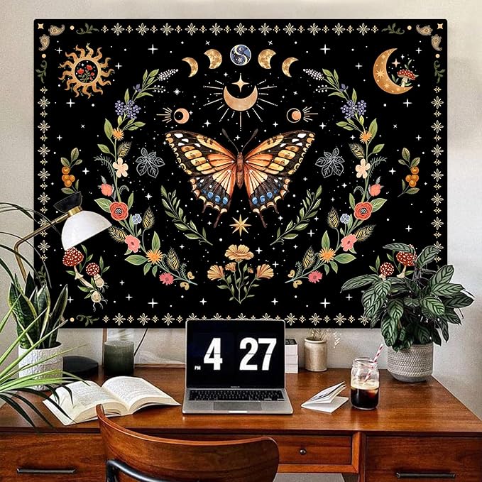 Lunerfex Boho Butterfly Tapestry Flower Moon Wall Tapestry, Moon Phases Tapestries for Bedroom Cute Tapestries Wall Hanging for Bedroom Living Room Decor Butterfly-1 60"x80"-Ruum Studio Home