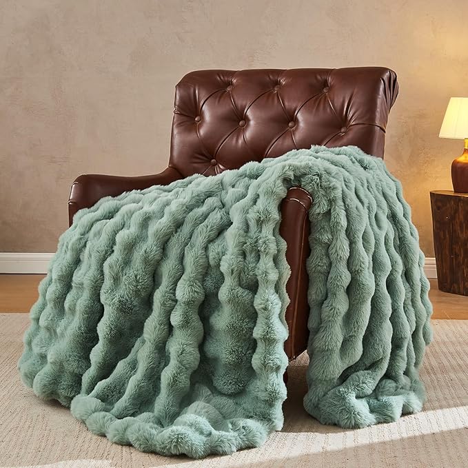 Lotus Karen Faux Fur Throw Blanket Sage Green - Big Bubble Rabbit Fluff Blanket for Couch Bed Sofa,Softest Fluffy Fuzzy Cozy Blanket,Plush Thick Furry Shaggy Warm Blankets for Women,60x80 Inches-Ruum Studio Home