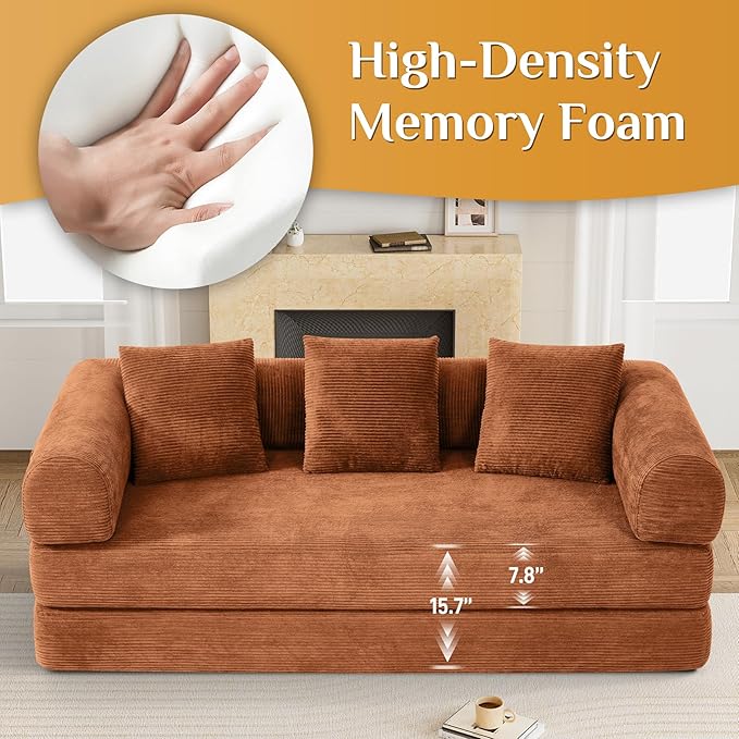 Convertible Sleeper Sofa Bed with Pillow, 4-in-1 Corduroy Folding Mattress Couch with Fixed-Shape Frame, Futon Fold Out Floor Sofa Cama Lounge Couch for Living Room Bedroom, Orange-Ruum Studio Home