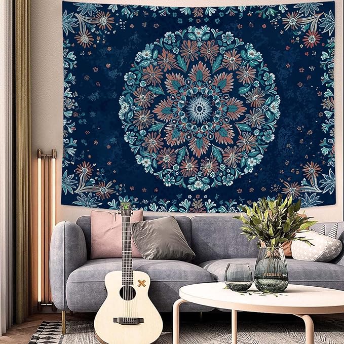 Fowocu Boho Floral Mandala Tapestry Wall Hanging Blue Bohemian Flower Medallion Tapestry Aesthetic Vintage Navy Hippie Indian Small Tapestries for Bedroom Living Room Dorm Decor 60 x 44 Inch-Ruum Studio Home
