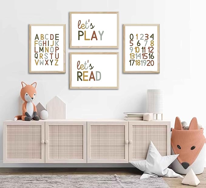 4 Pcs Boho Playroom Canvas Wall Art Nursery Toddler Educational Let's Read Let's Play Painting Pictures Wall Decor Posters Print Artwork for Girl Boy Childs Room Classroom Home Decoration Unframed-Ruum Studio Home