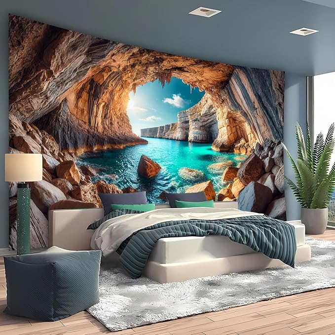 BSFHH Nature Tapestry Forest Tree Sea Cave Wall Hanging, Stream Through Rainforest Landscape Wall Art Tapestry for Bedroom Living room (Cave Sea View, 90"×70", Unframed)-Ruum Studio Home