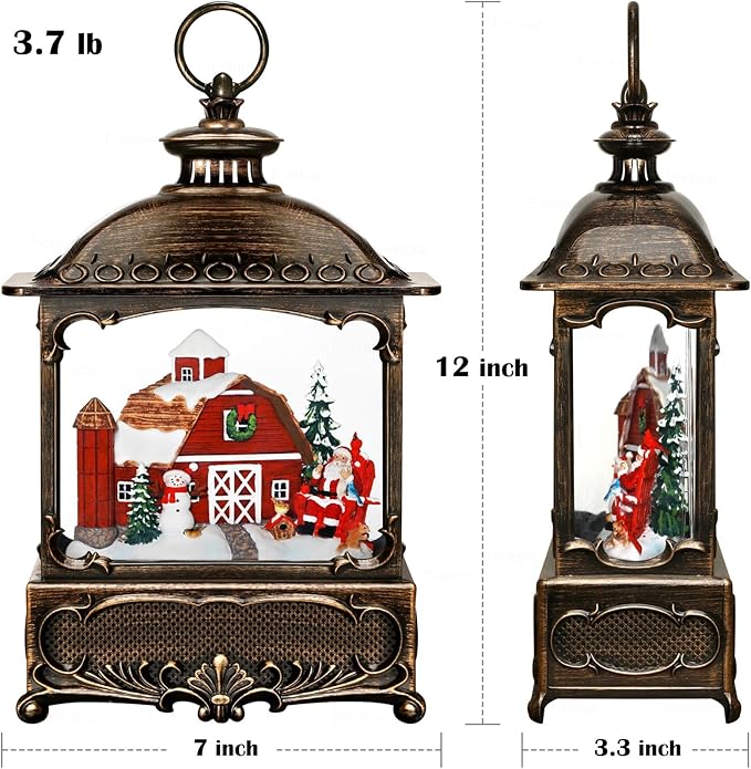 Christmas Snow Globe Lantern Christmas Decorations Gifts Barn Snowman Santa Claus Cardinal Winter Farm Scene Musical Glitter Snowfall USB/Battery Timer 12 inch-Ruum Studio Home