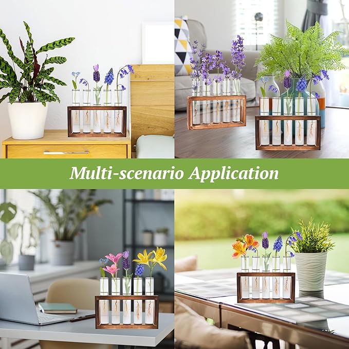 2pcs Desktop Glass Plant Propagation Station with 10 Test Tubes in Wooden Stand - Hydroponic Plants Cutting Office Home Decoration and Garden Decor Terrarium (10 Tubes)-Ruum Studio Home