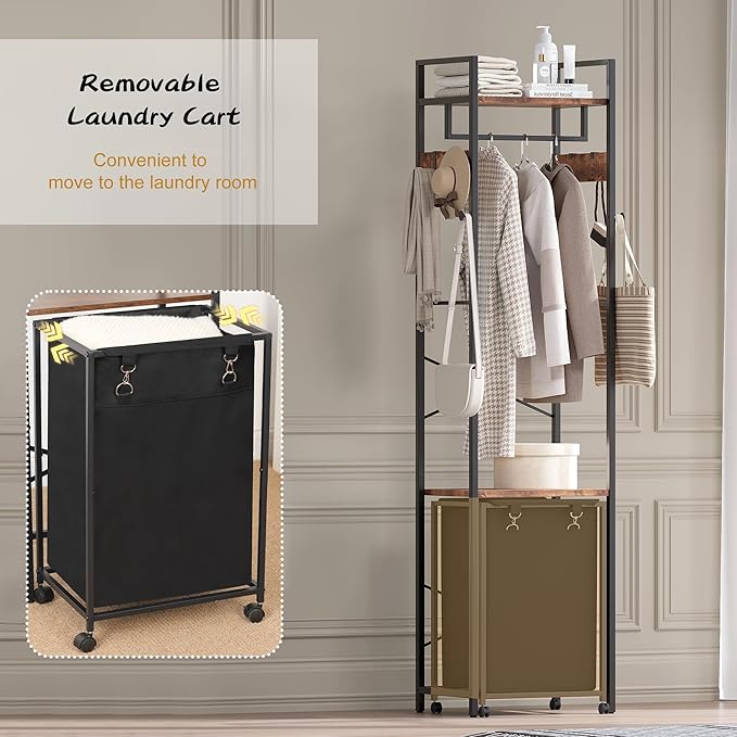 Coat Rack with Laundry Basket, Laundry Hamper Freestanding Hall Tree, Clothes Rack with Storage Shelves, 14.5 Gal Removable Bags on Wheels, Black and Brown JLH005SR-Ruum Studio Home