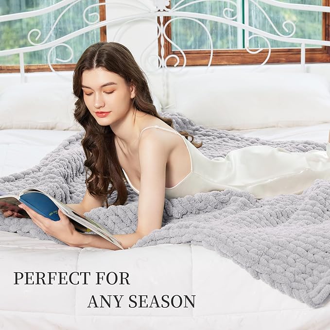 Admitrack Chunky Knit Blanket Throw, 100% Hand Knit Chenille Throw Blanket for Sofa & Home Decor, Soft and Cozy Knitted Throw Blankets (Light Gray，51"x63")-Ruum Studio Home