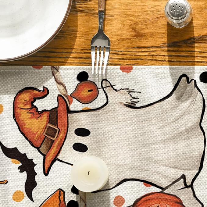 Artoid Mode Beige Ghost Jack-O'-Lantern Black Cat Halloween Table Runner,Holiday Kitchen Dining Table Decoration for Home Party Decor 13 x 108 Inch-Ruum Studio Home