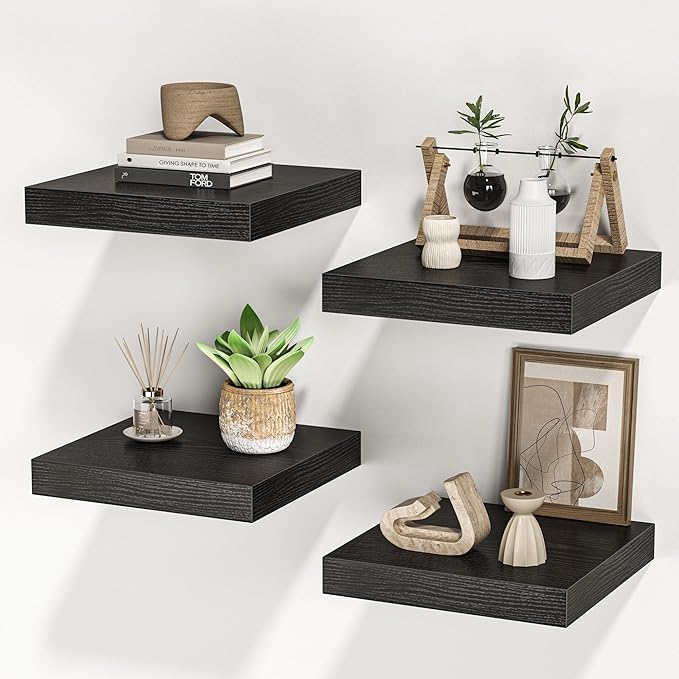 Square Floating Shelves for Wall, 10" W x 10" D x 1.2" H, Small Wooden Wall Mounted Display Shelves with Invisible Brackets for Living Room, Bedroom, Bathroom, Kitchen Decor, Set of 4, Black-Ruum Studio Home