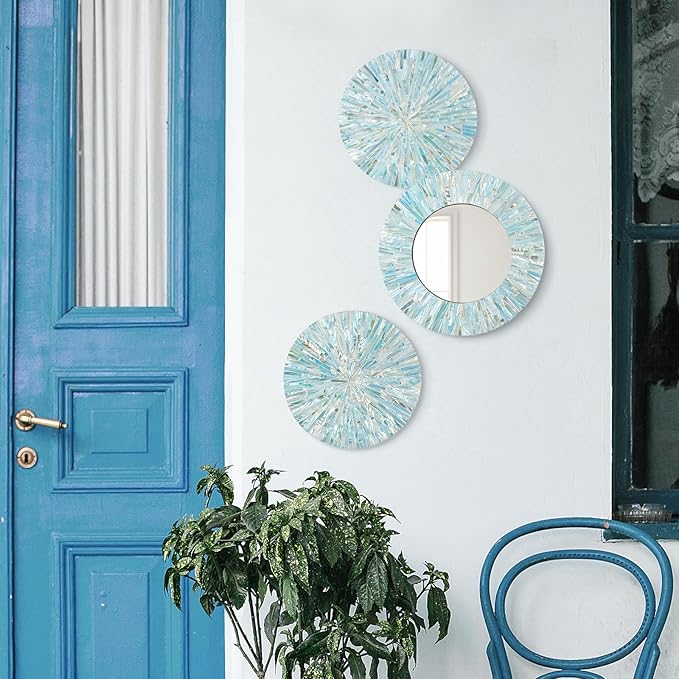 Beach Mirror Wall Decor for Living Room, 3PCS Natural Mother of Pearl Coastal Wall Art Bedroom Bathroom Decoration, Handmade Ocean Round Wall Hanging Sculptures for Home Office Holiday Hotel-Ruum Studio Home