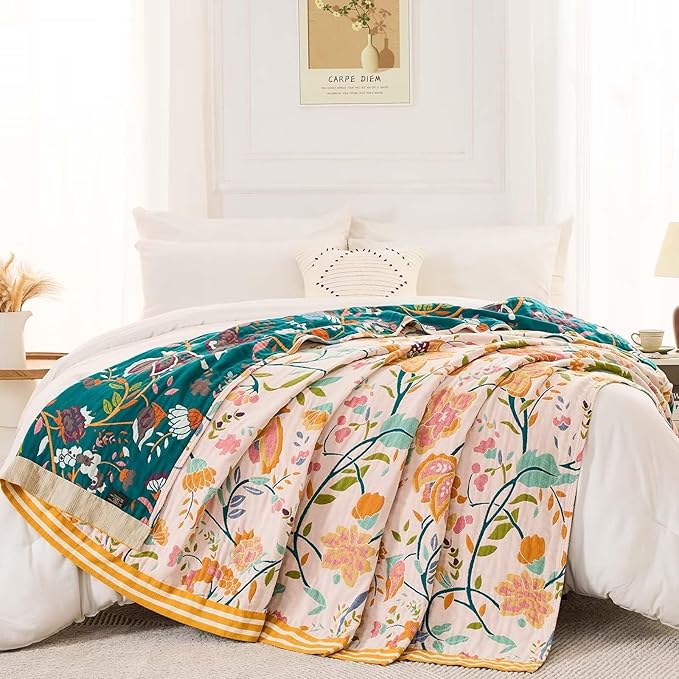 Boho Throw Blanket for Bed, 100% Cotton Soft Rustic Quilt Fall Blanket, 50"x60" Yellow Floral Printed Farmhouse Decor Bed Blankets, All Season Rustic Reversible Bohemian Throw Quilt-Ruum Studio Home