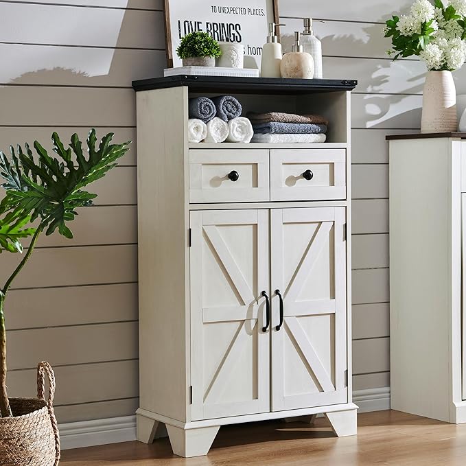 Bathroom Floor Cabinet, Farmhouse Storage Cabinet, 24" Wide Cabinet with Drawer, Adjustable Shelf, Barn Doors, Cabinets for Bathroom, Kitchen, Living Room, Off White-Ruum Studio Home