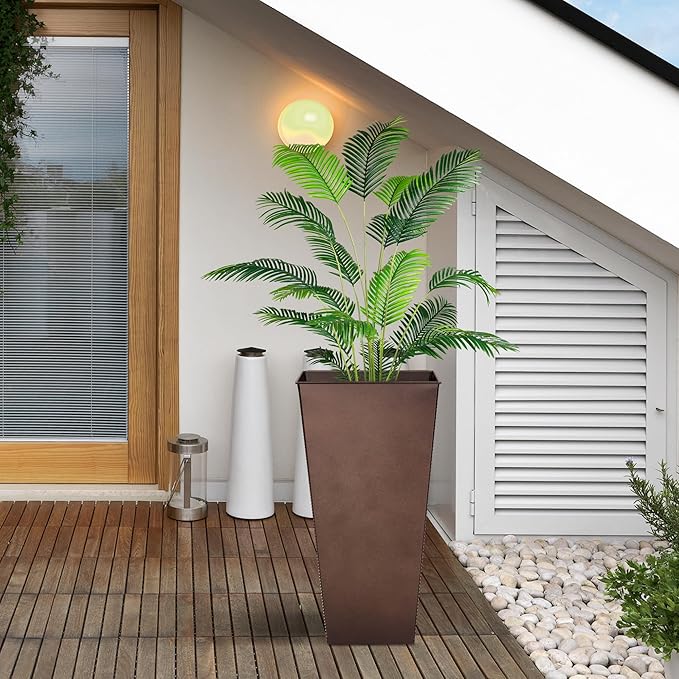 KOL 25''H. Tall Galvanized Steel Planter with Saucer, Set of 2, Planter Pots with Drainage Hole for Indoor & Outdoor Use, Decorative Flower Plant Pots for Front Porch, Patio, Deck - Rust Color-Ruum Studio Home