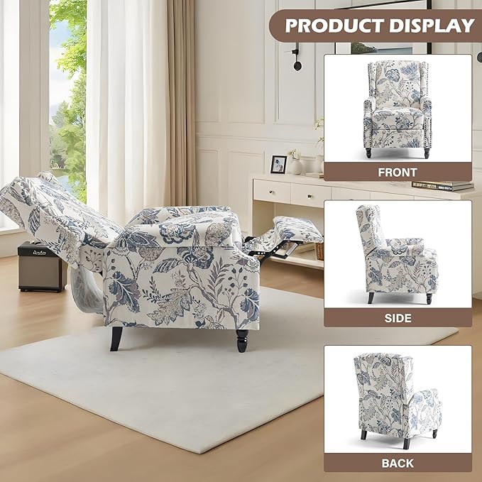UIXE Pushback Recliner Chair, Push Back Accent Chair Fabric Upholstered Armchair for Living Room, Rivet Trim Home Theater Single Sofa Bedroom Reading Seat - Blue Plants-Ruum Studio Home