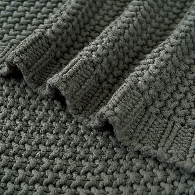 Longhui bedding Chunky Cable Knit Throw Blanket Lightweight Grey 100% Organic Cotton Blanket for Sofa Couch Bed Baby Nursery, Rustic Shabby Chic Modern Farmhouse, Gray 60” x 80” Give Laundering Bag-Ruum Studio Home