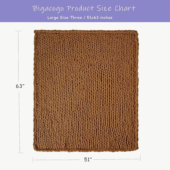 Bigacogo Chunky Knit Throw Blanket for Couch, 51x63 inches, 100% Hand Knitted with Thick Jumbo Chenille Yarn, Cozy Soft Large Rope Knot Cable Crochet Blankets for Sofa Bed Living Room, Caramel-Ruum Studio Home