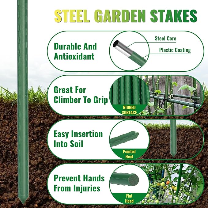 Premium Garden Stakes 58 Inch 5ft 25 Pack, Heavy Duty Tomato Plant Stakes for Outdoor Plants, Rust Resistant Metal Garden Poles and Sticks for Vegetables, Flowers, and Climbing Plants (green, 58 Inch)-Ruum Studio Home