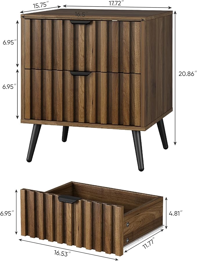 Smuxee Walnut Wooden Night Stand, Mid Century Nightstand with 2 Fluted Drawers, Bedside Table with Metal Feet, Modern End Side Table for Bedroom-Ruum Studio Home