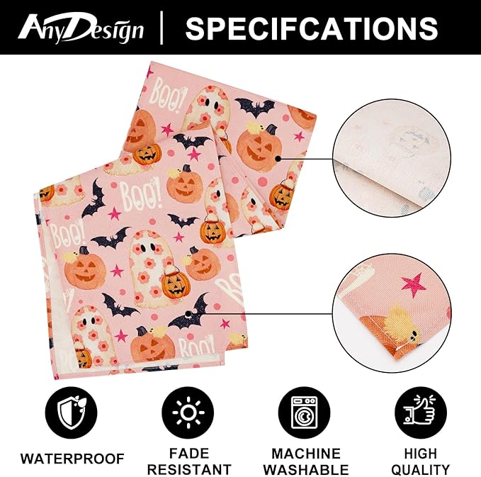 AnyDesign Halloween Table Runner Pink Spooky Ghost Pumpkin Table Cover Kitchen Dining Table Decoration Pink Halloween Table Dresser Scarves for Indoor Outdoor Home Party, 13 x 72 Inch-Ruum Studio Home