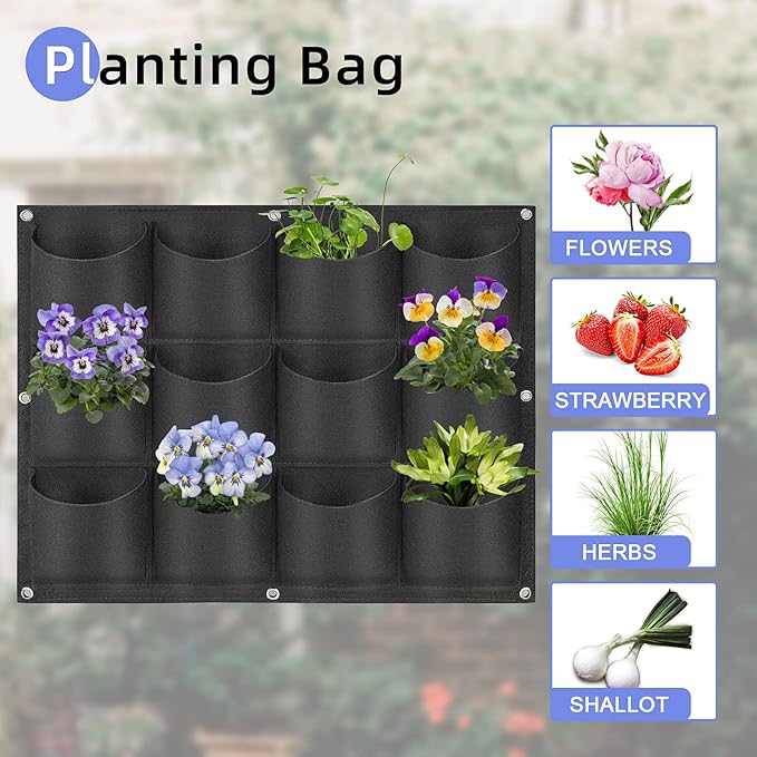 12 Pockets Hanging Planter Bags, Hanging Vertical Wall Mounted Plant Planting Grow Bags, Herb Garden Planter Outdoor Indoor Growing Bag, Gardening Vertical Greening Flower Container(0.6m×0.8m, Black)-Ruum Studio Home
