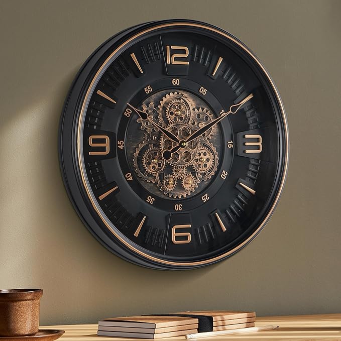 20in Large Real Moving Gears Wall Clock for Living Room, Battery Operated Wall Clocks Decorative Vintage, Home Office Clock, Gift for Family, Friends-Ruum Studio Home